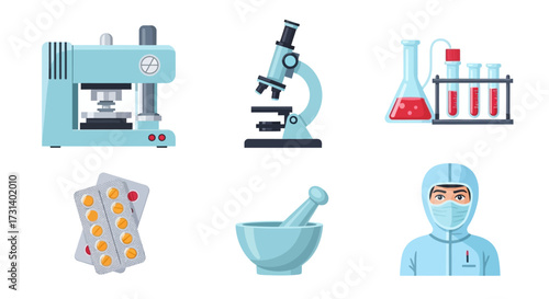 Collection of laboratory and pharmaceutical icons, featuring scientific research equipment, chemical tools, medical supplies, and protective attire, representing health and innovation