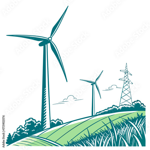 Stylized illustration of wind turbines and a power line tower on rolling green hills under a cloudy sky