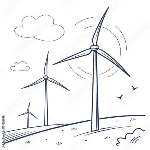 Sketch of wind turbines generating clean energy on a sunny day with clouds and birds flying in the sky