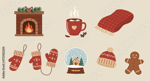 This flat design icon set features 7 charming symbols of cozy winter holidays and home comfort. Ideal for seasonal marketing, blogs, or digital festive content.