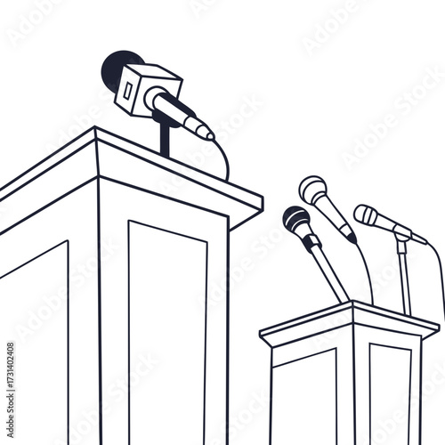 Two podiums with microphones set up for a debate or press conference event illustration