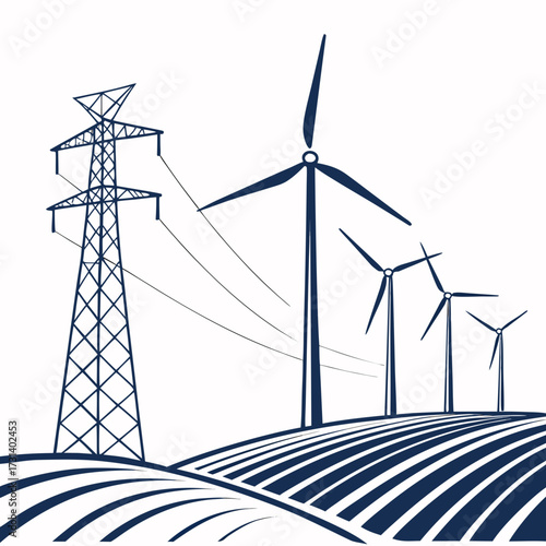 Wind turbines and a power transmission tower stand on a rolling landscape connected by electrical lines
