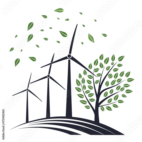 Wind turbines and a stylized tree with green leaves symbolizing renewable energy and environmental sustainability