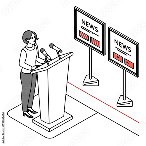 Woman speaking at a podium with microphones in front of news screens during a press conference or announcement event