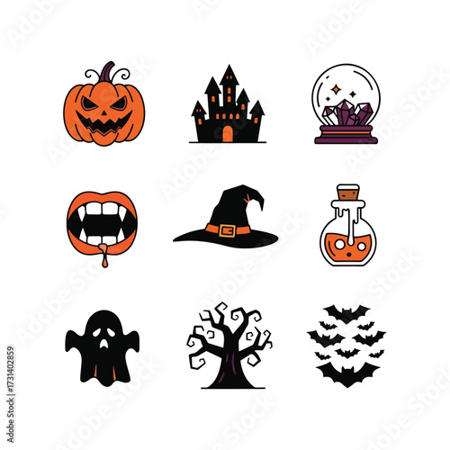 Spooky set of Halloween symbols, a scary horror set of trick icons with pumpkin icons, ghost icons, witch icons, evil faces, teeth, and bat silhouettes