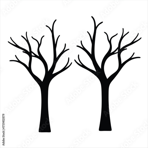 Two black bare tree silhouettes vector illustration for nature and winter designs
