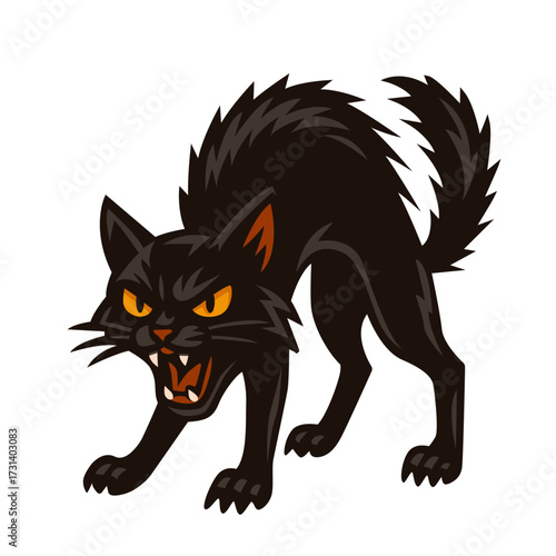An aggressive black cat with an arched back and tail. The silhouette is suitable for Halloween and prints. Flat vector illustration on a white background.
