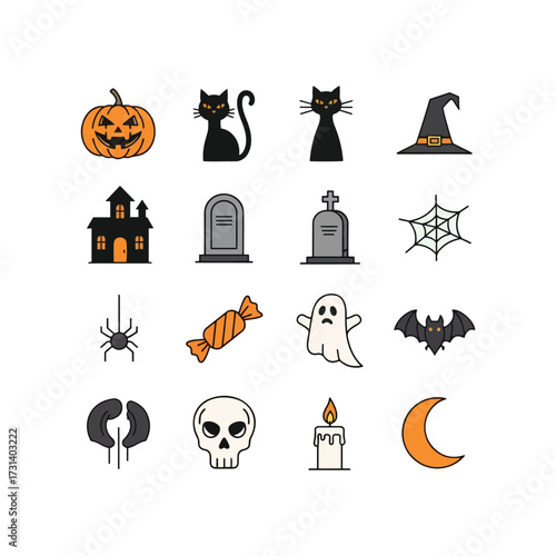 A collection of sixteen colorful Halloween icons, including a jack-o'-lantern, black cat, ghost, and skull.