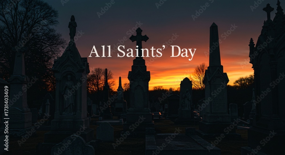 Naklejka premium Haunting All Saints Day Cemetery Sunset Memorial Graves Remembrance Photography Spiritual Reflection