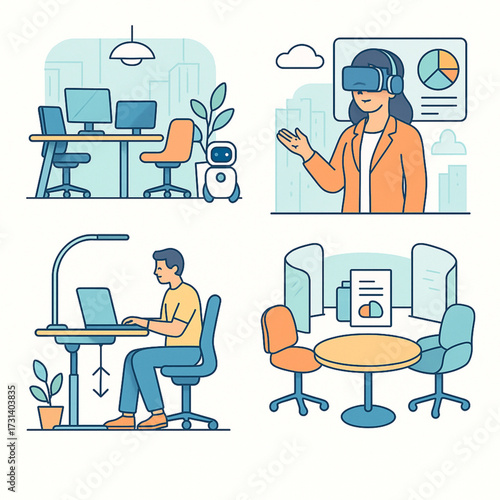 Modern workplace illustrations featuring technology, collaboration, and remote work  
