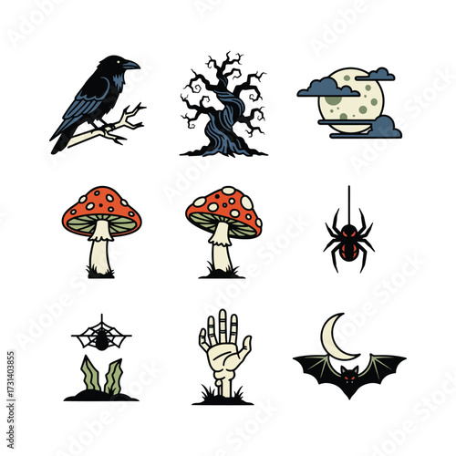 A collection of Halloween-themed illustrations featuring a raven, spooky tree, moon, mushrooms, spiders, and a zombie hand.