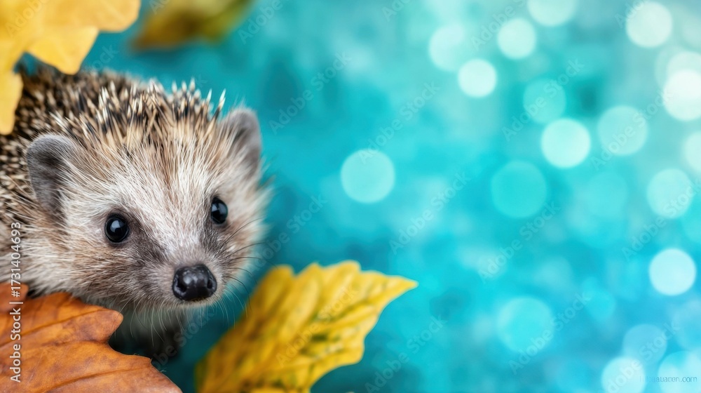 Fototapeta premium Cute hedgehog exploring colorful leaves by a shimmering background