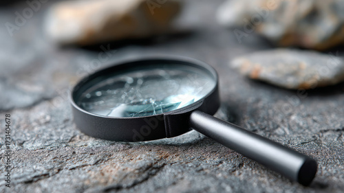 Magnifying glass on textured rock surface, close-up view