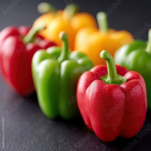 Macro View of Vibrant Bell Peppers on Dark Surface in Studio Setting