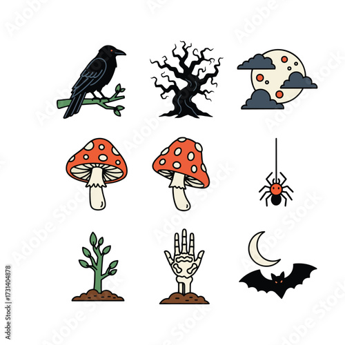 Collection of Halloween-themed illustrations featuring a raven, spooky tree, and other related elements.