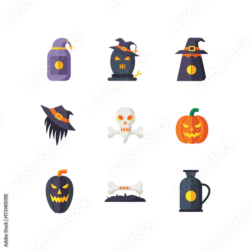 Halloween icons: witch hats, skull, pumpkin, potion, and bones.