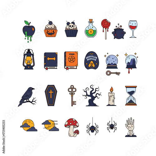 Spooky Halloween symbols icon set with ornate clip art. This horror set includes Witch icons, Haunted icons, and Creepy symbols for a scary invitation