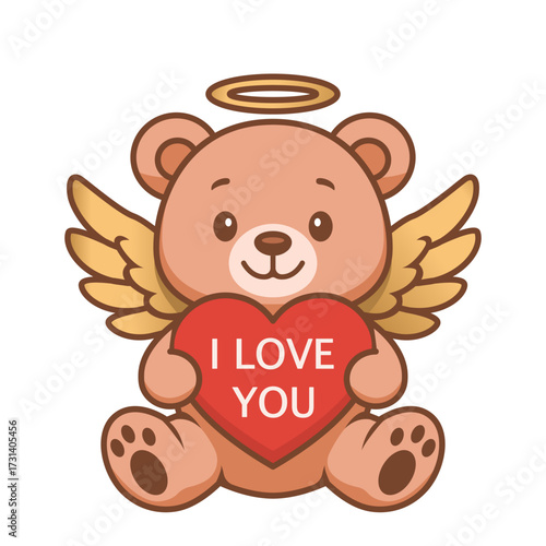 A funny teddy bear with angel wings and a halo holds a large heart with the inscription "I love you" in its paws. Concept for Valentine's Day, weddings, and Valentine's Day. Flat vector illustration