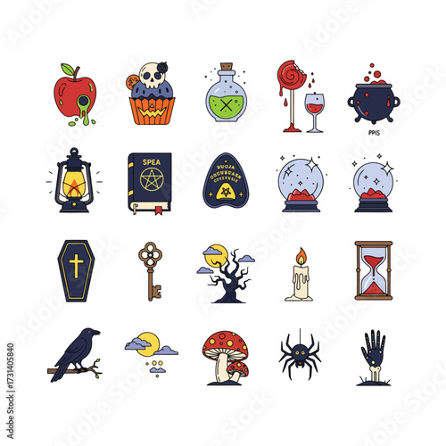 Spooky & Fun Halloween Symbols, Pumpkin & Ghost Icons, Witch Icons, Bat Silhouettes, Skull Icons, Horror Set, Haunted Icons & Creepy Symbols