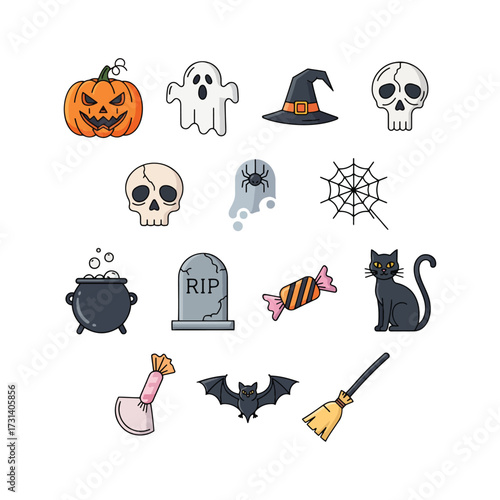 Halloween symbols, Pumpkin icons, and a spooky set of Ghost icons and Witch icons. This horror clip art icon set has Skull icons, Bat silhouettes, and humor
