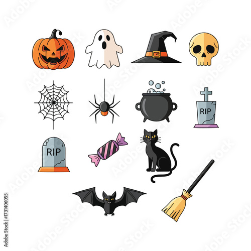 A collection of colorful, flat-style Halloween icons, including a pumpkin, ghost, witch hat, skull, and black cat.