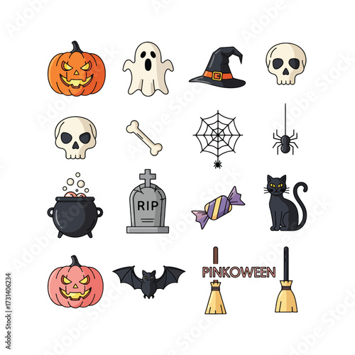A collection of colorful Halloween-themed icons including pumpkins, ghosts, witch hats, skulls, spiders, bats, and other spooky elements.