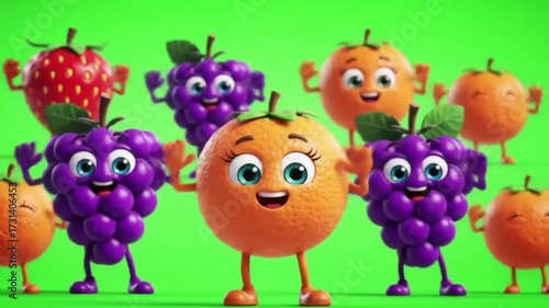happy cartoon fruit characters dancing on green background