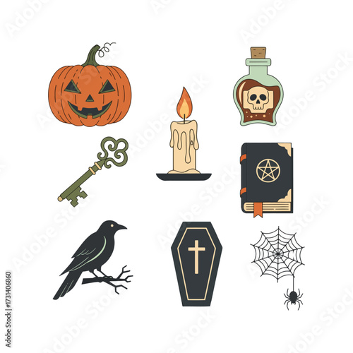 A set of classic Halloween and witchcraft symbols, including a pumpkin, crow, coffin, and spellbook.