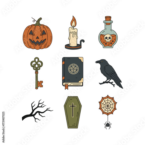 A collection of spooky Halloween-themed illustrations including a jack-o'-lantern, candle, potion, key, spellbook, crow, bare branches, coffin, and spiderweb.