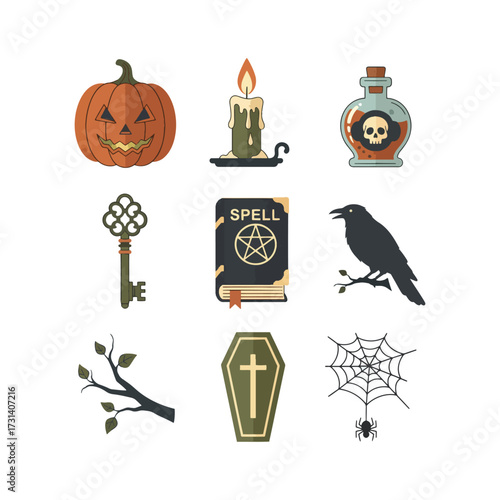 Halloween-themed illustration featuring a carved pumpkin, candle, potion, key, spellbook, raven, branch, coffin, and spiderweb.