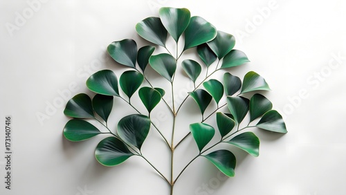A single branch of a plant with numerous small, glossy, dark green leaves arranged symmetrically on a white background, isolated on white background
