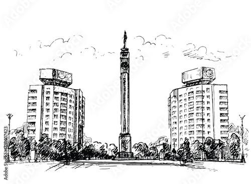The sketch cities of Almaty - attractions of the Independence Monument of Kazakhstan in Old Square. Vector illustration