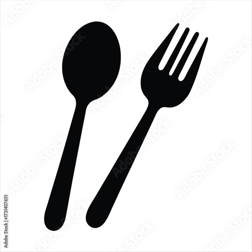 Simple graphic illustration of a spoon and a fork on white background