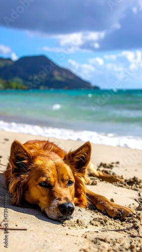 Wallpaper Mural Dog Relaxing on Beach Sand. Torontodigital.ca