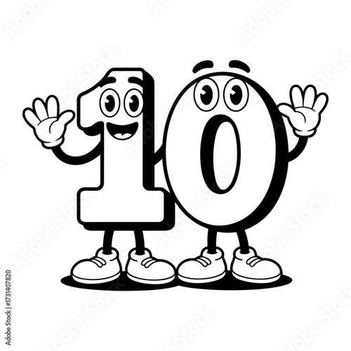 Number 10 Cartoon Character Vector, Fun Kids Math Coloring Page Illustration, Happy Number Ten Mascot, Birthday Number 10 Cartoon, Funny Kids Coloring Book, Cute Educational Counting Vector for Kids.
