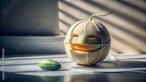 A cantaloupe with a carved face wearing a medical mask sits on the floor, with a small cucumber nearby, illuminated by sunlight through blinds