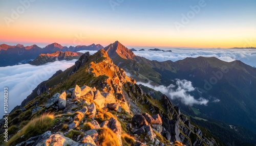 Sunrise Over Rugged Mountain Peaks Above Clouds.