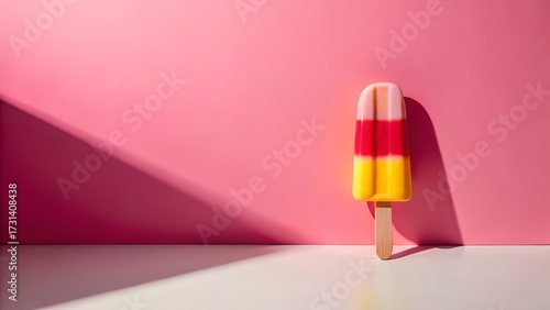A colorful tricolor popsicle with a wooden stick casting a long shadow against a vibrant pink background, evoking summer vibes and refreshment
