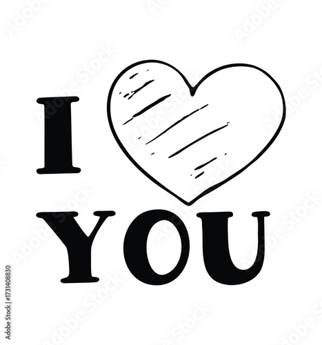 I love you text with a hand drawn heart and black heart