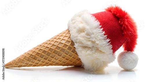 Christmas ice cream cone with santa hat isolated on white background