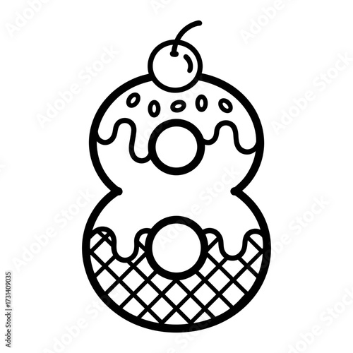 Number 8 Ice Cream Coloring Page Vector for Kids, Cute Ice Cream Number 8 Printable Coloring Sheet, Math Number 8 Dessert Cartoon Coloring Illustration.