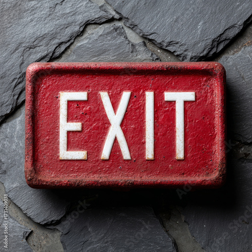 Red vintage exit sign on a rustic stone background.