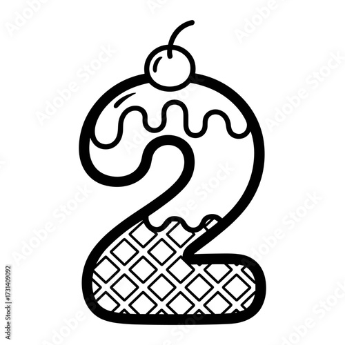 Ice Cream Number 2 Coloring Page Vector for Kids and Learning, Cute Number Two Ice Cream Dessert Outline Illustration for Coloring, Cartoon Ice Cream 2 Coloring Sheet Vector for Education and Fun.