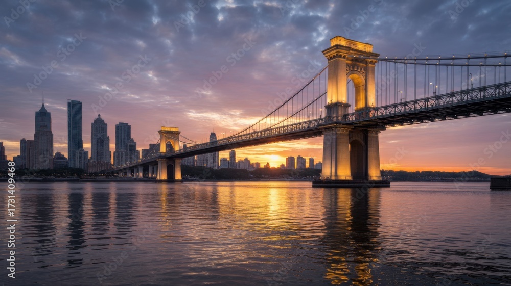Fototapeta premium Majestic Suspension Bridge Illuminated by Sunset Over City Skyline