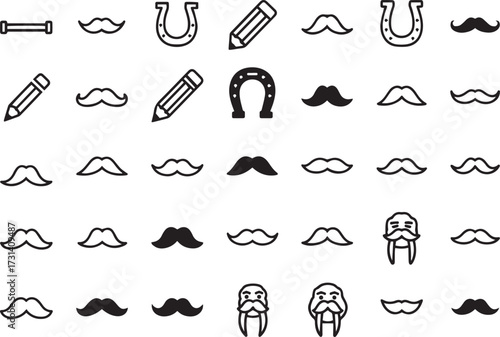 Set of line art mustache icons simple vector design elements isolated on white background