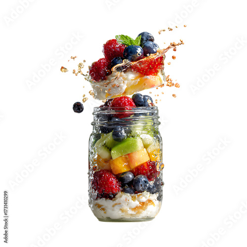 Mason Jar Fruit Salad Vibrant Berries Kiwi  Melon against transparent background