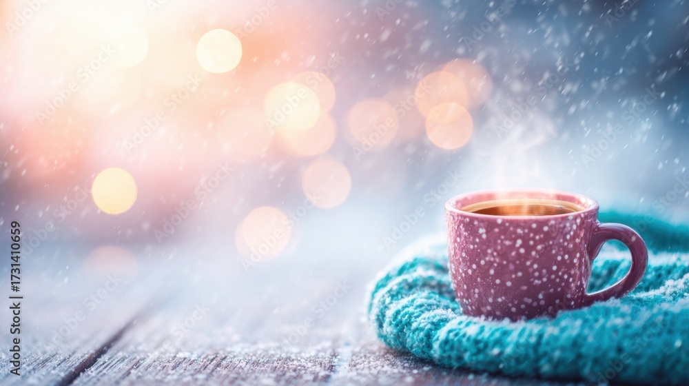 Obraz premium Warm cup of coffee on a snowy day with soft bokeh background