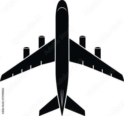 Vector illustration of top view silhouette of a commercial airplane isolated on white background