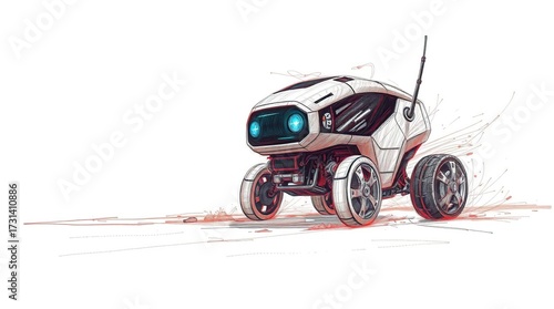Futuristic Robot Rolling on Desert.