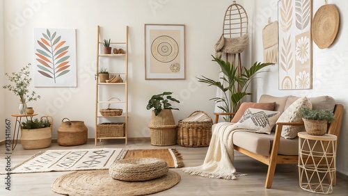 A living room with bohemian decor featuring plants and woven accents